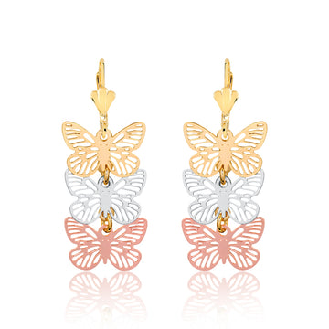 18K Gold Layered Oro Laminado Tri-Tone Cut Out Butterfly Design Dangle Earrings 21.0343